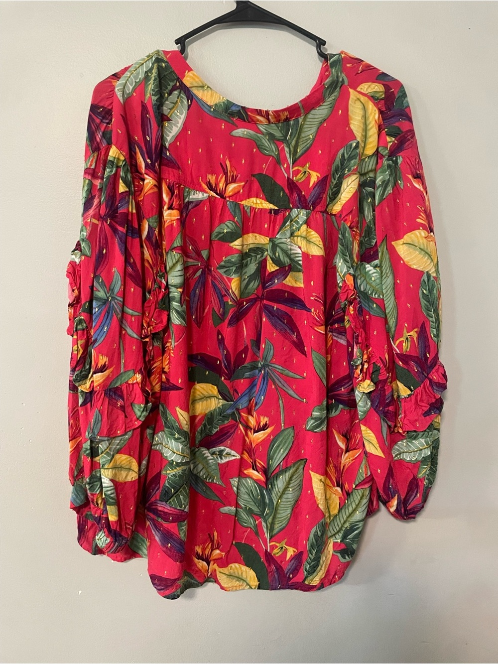 Chico's Red Tropical Leaf Print V-Neck Tunic with Tassel Ties 3.5 Size 18 - Picture 2 of 5